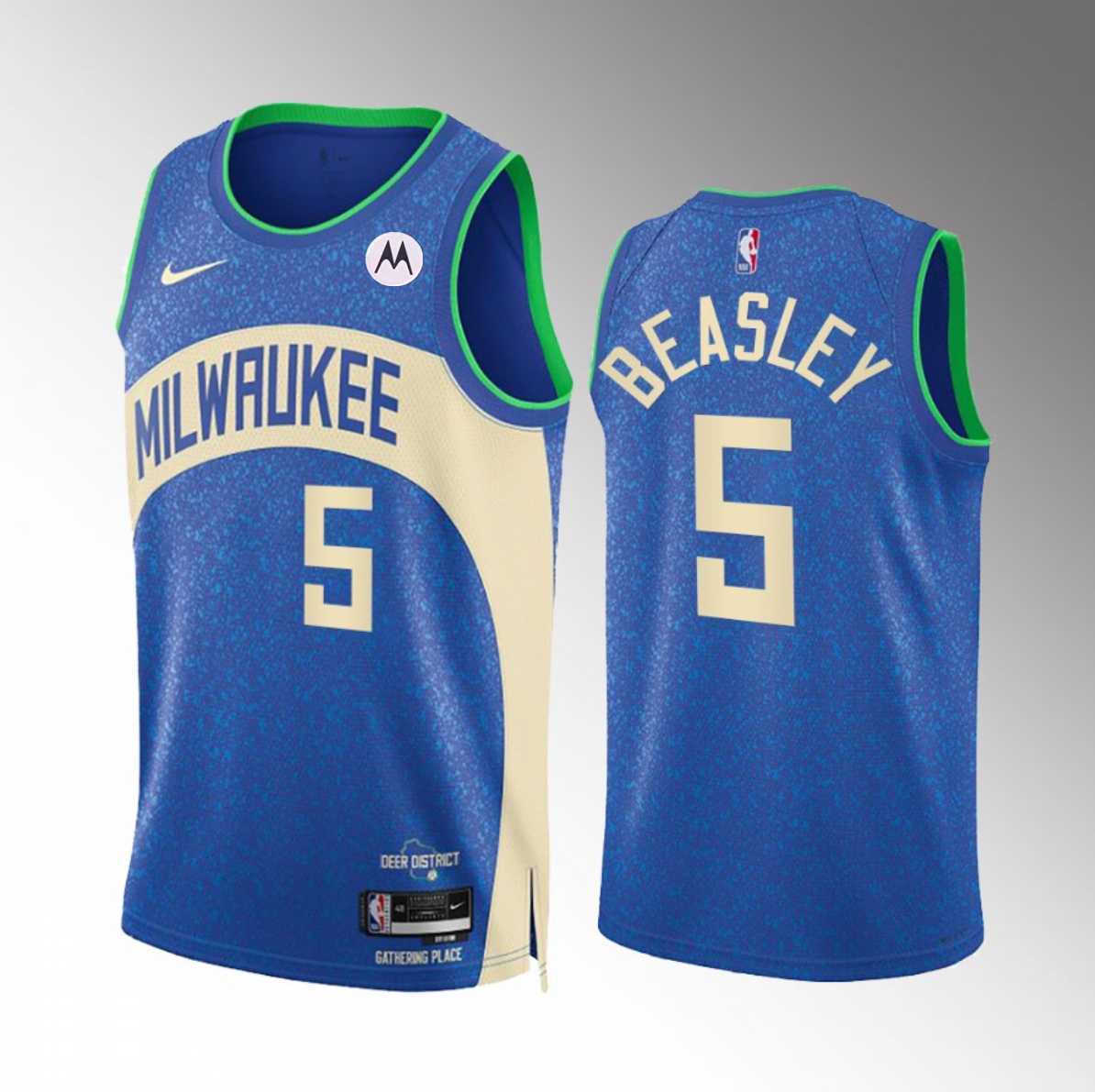 Men%27s Milwaukee Bucks #5 Malik Beasley Blue 2023-24 City Edition Stitched Basketball Jersey Dzhi->milwaukee bucks->NBA Jersey